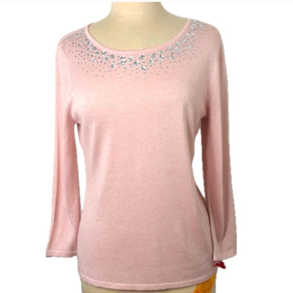 RUBY Rd. Crystal &‎ Rhinestone Scattered Bling Embellished Pink Knit Sweater NWT - Picture 1 of 13